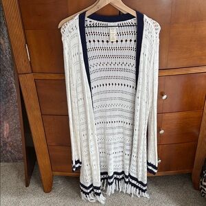 Tommy Bahama Women's Cream and navy Open Knit long Sweater size xl